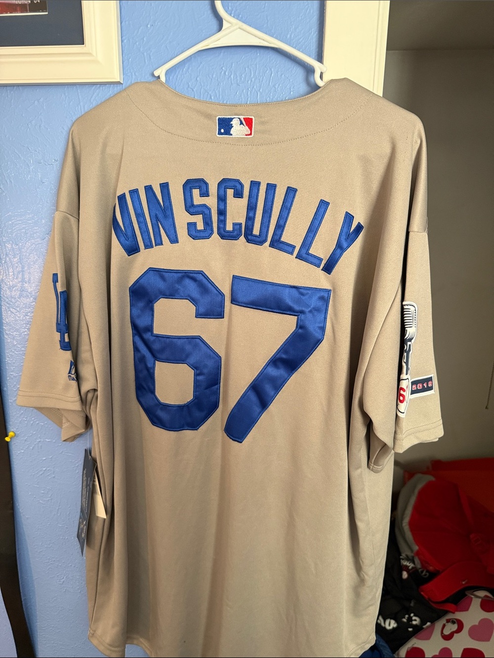 MLB Vin Scully #67 Tan Jersey with Royal Blue Lettering xxl